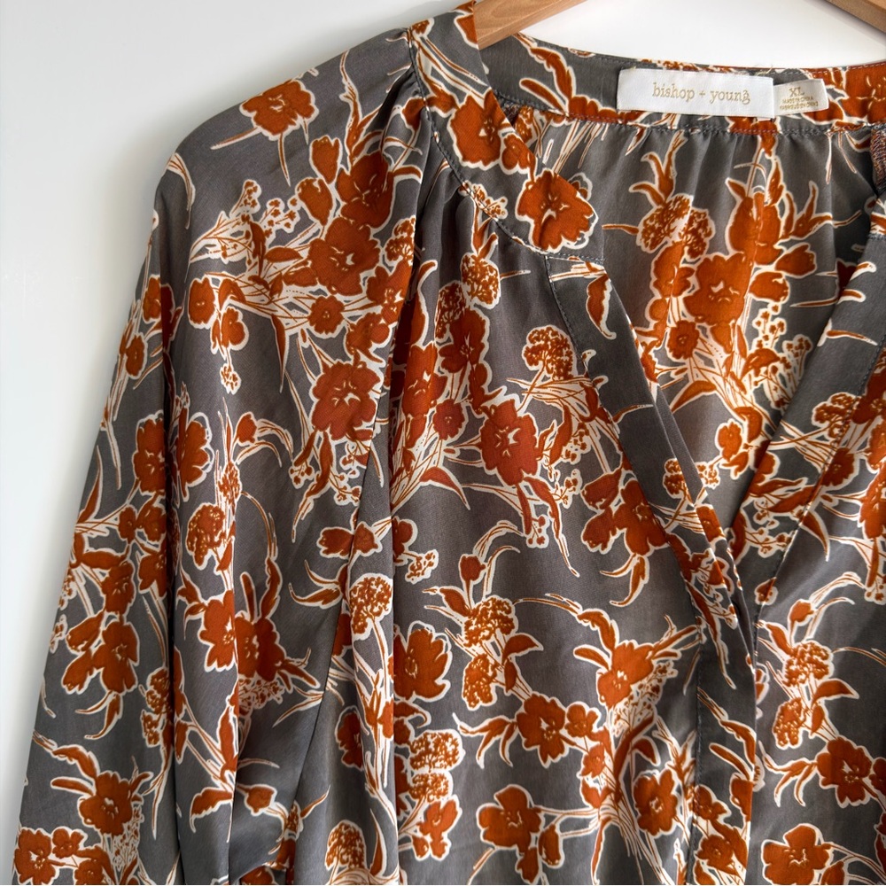 Bishop + Young Floral V-Neck Blouse Rust Gray Orange XL Long Sleeve Top - Picture 5 of 9